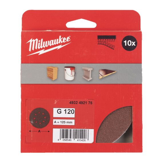 Шлифовальный диск Milwaukee 125 MM H&L GR 120 10 PC - 4932492175, Зернистость: 120, Модель: 125 MM H&L GR 120 10 PC, внеший вид, изображение 2