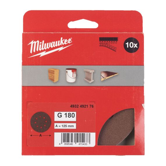 Шлифовальный диск Milwaukee 125 MM H&L GR 180 10 PC - 4932492176, Зернистость: 180, Модель: 125 MM H&L GR 180 10 PC, внеший вид, изображение 2