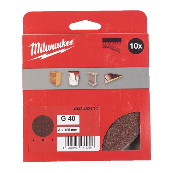 Шлифовальный диск Milwaukee 125 MM H&L GR 40 10 PC - 4932492172, Зернистость: 40, Модель: 125 MM H&L GR 40 10 PC, внеший вид, изображение 2