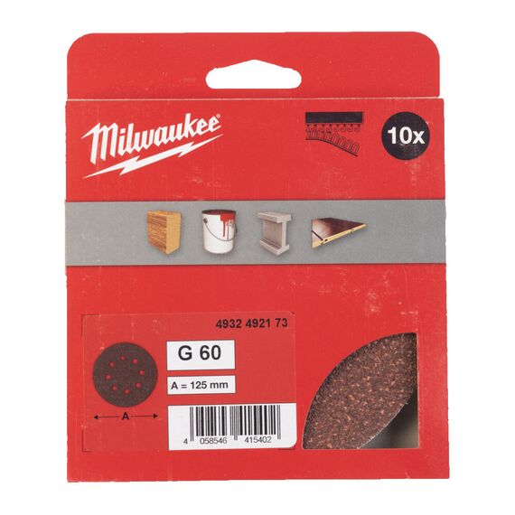 Шлифовальный диск Milwaukee 125 MM H&L GR 60 10 PC - 4932492173, Зернистость: 60, Модель: 125 MM H&L GR 60 10 PC, внеший вид, изображение 2