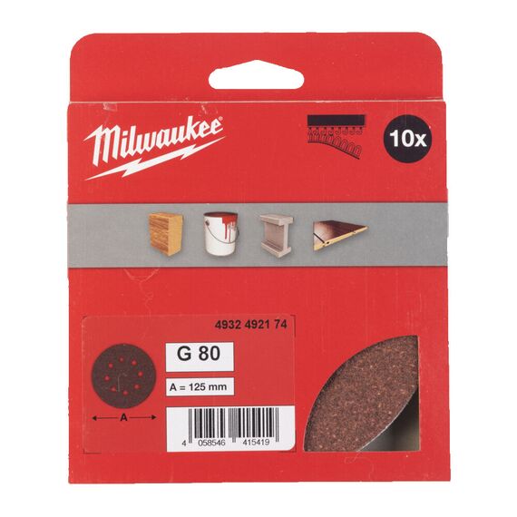 Шлифовальный диск Milwaukee 125 MM H&L GR 80 10 PC - 4932492174, Зернистость: 80, Модель: 125 MM H&L GR 80 10 PC, внеший вид, изображение 2