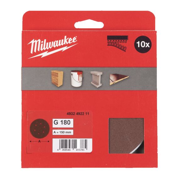 Шлифовальный диск Milwaukee 150 MM H&L GR 180 10 PC - 4932492211, Зернистость: 180, Модель: 150 MM H&L GR 180 10 PC, внеший вид, изображение 2