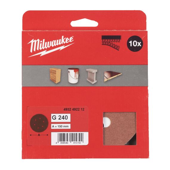 Шлифовальный диск Milwaukee 150 MM H&L GR 240 10 PC - 4932492212, Зернистость: 240, Модель: 150 MM H&L GR 240 10 PC, внеший вид, изображение 2