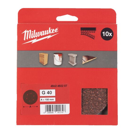 Шлифовальный диск Milwaukee 150 MM H&L GR 40 10 PC - 4932492207, Зернистость: 40, Модель: 150 MM H&L GR 40 10 PC, внеший вид, изображение 2