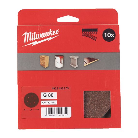 Шлифовальный диск Milwaukee 150 MM H&L GR 80 10 PC - 4932492209, Зернистость: 80, Модель: 150 MM H&L GR 80 10 PC, внеший вид, изображение 2