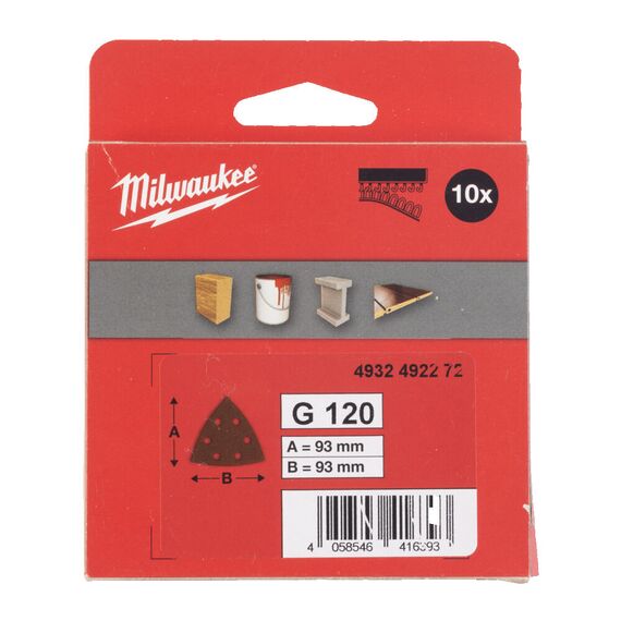 Шлифовальный лист для дельташлифовальных машин Milwaukee 93 X 93 H&L GR 120 10 PCS - 4932492272, Зернистость: 120, Модель: 93 X 93 H&L GR 120 10 PCS, внеший вид, изображение 2