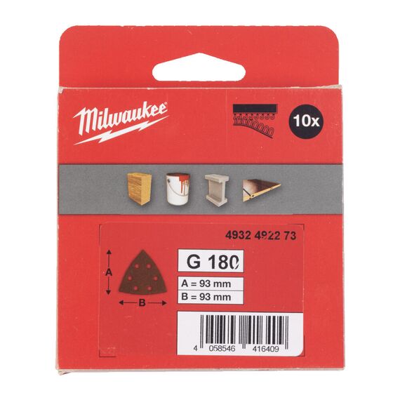 Шлифовальный лист для дельташлифовальных машин Milwaukee 93 X 93 H&L GR 180 10 PCS - 4932492273, Зернистость: 180, Модель: 93 X 93 H&L GR 180 10 PCS, внеший вид, изображение 2