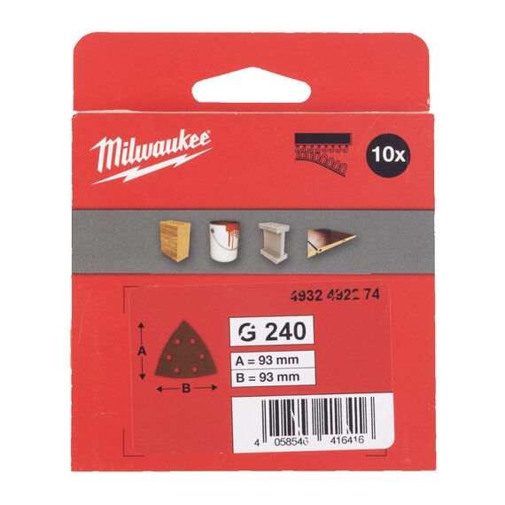 Шлифовальный лист для дельташлифовальных машин Milwaukee 93 X 93 H&L GR 240 10 PCS - 4932492274, Зернистость: 240, Модель: 93 X 93 H&L GR 240 10 PCS, внеший вид, изображение 2