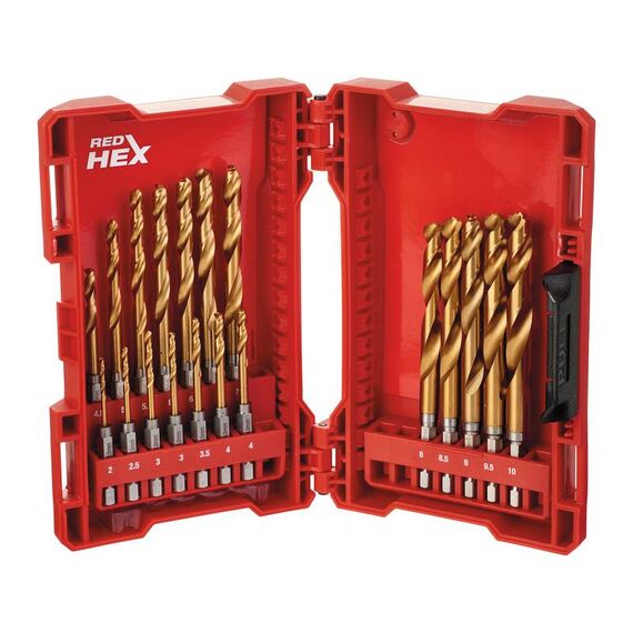 Набор сверл по металлу с шестигранным хвостовиком Milwaukee SHOCKWAVE HSS-G TIN RED HEX SET 2-10 mm 19 PC - 48894760, внеший вид