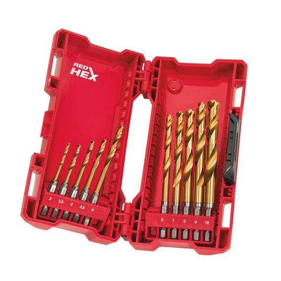 Набор сверл по металлу с шестигранным хвостовиком Milwaukee SHOCKWAVE HSS-G TIN RED HEX SET 3-10 mm 10 PC - 48894759, внеший вид