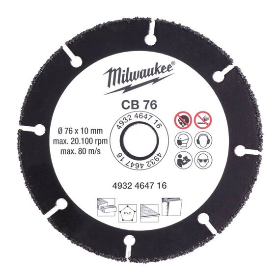 Алмазный диск Milwaukee CB 76 по дереву и пластику - 4932464716, Диаметр диска (мм): 76, Посадочный диаметр (мм): 10, Модель: CB 76, внеший вид