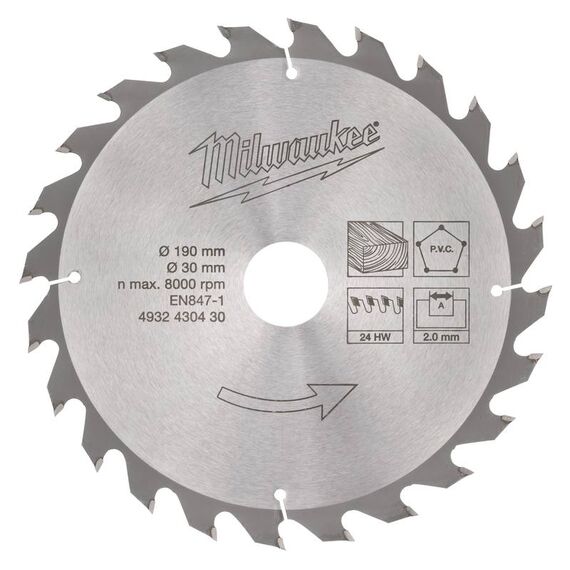 Пильный диск по дереву Milwaukee Circ. Saw. BI 190 x 30 x 2.0 24T для аккумуляторной циркулярной пилы - 4932430430, Диаметр диска (мм): 190, Посадочный диаметр (мм): 30, Модель: Circ. Saw. BI 190 x 30 x 2.0 24T, внеший вид