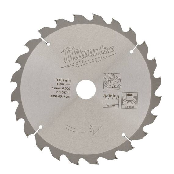 Пильный диск по дереву Milwaukee CircS 235 x 30 x 2.6 24T для циркулярной пилы - 4932451725, Диаметр диска (мм): 235, Посадочный диаметр (мм): 30, Модель: CircS 235 x 30 x 2.6 24T, внеший вид