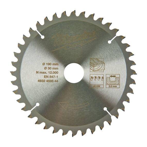Пильный диск по дереву Milwaukee CircS WMS 190 x 30 x 2.8 40T для торцовочной пилы - 4932459544, Диаметр диска (мм): 190, Посадочный диаметр (мм): 30, Модель: CircS WMS 190 x 30 x 2.8 40T, внеший вид
