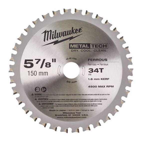 Пильный диск по металлу Milwaukee F 150 x 20 x 1.6 34T для циркулярной пилы - 48404080, Диаметр диска (мм): 150, Посадочный диаметр (мм): 20, Модель: F 150 x 20 x 1.6 34T, внеший вид