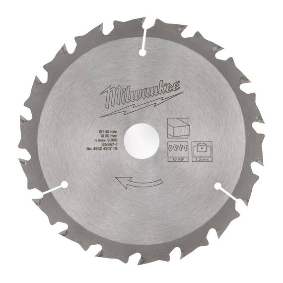 Пильный диск по дереву Milwaukee WCSB 140 x 20 x 1.3 18T для аккумуляторной циркулярной пилы - 4932430719, Диаметр диска (мм): 140, Посадочный диаметр (мм): 20, Модель: WCSB 140 x 20 x 1.3 18T, внеший вид