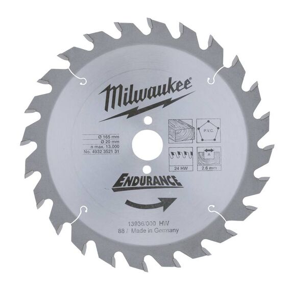Пильный диск по дереву Milwaukee WCSB 165 x 20 x 2.6 24T для аккумуляторной циркулярной пилы - 4932352131, Диаметр диска (мм): 165, Посадочный диаметр (мм): 20, Модель: WCSB 165 x 20 x 2.6 24T, внеший вид