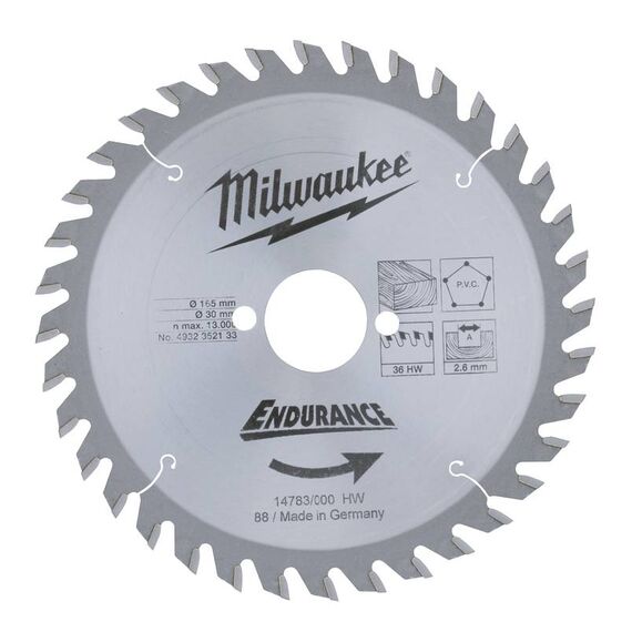 Пильный диск по дереву Milwaukee WCSB 165 x 30 x 2.6 36T для циркулярной пилы - 4932352133, Диаметр диска (мм): 165, Посадочный диаметр (мм): 30, Модель: WCSB 165 x 30 x 2.6 36T, внеший вид