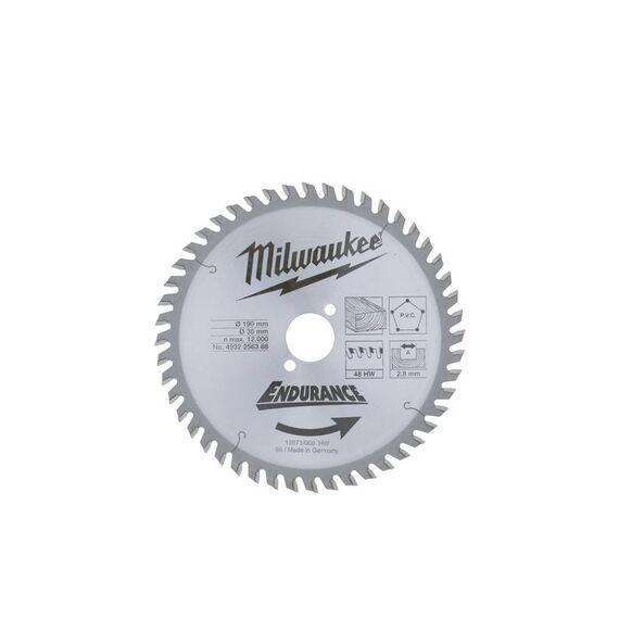 Пильный диск по дереву Milwaukee WCSB 190 x 30 x 2.8 48T для циркулярной пилы - 4932256388, Диаметр диска (мм): 190, Посадочный диаметр (мм): 30, Модель: WCSB 190 x 30 x 2.8 48T, внеший вид
