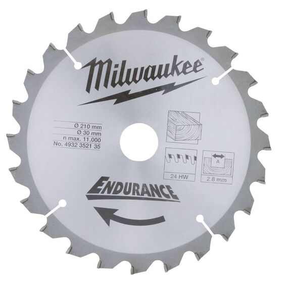 Пильный диск по дереву Milwaukee WCSB 210 x 30 x 2.8 24T для торцовочной пилы - 4932352135, Диаметр диска (мм): 210, Посадочный диаметр (мм): 30, Модель: WCSB 210 x 30 x 2.8 24T, внеший вид