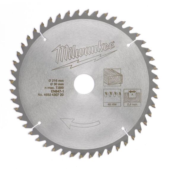 Пильный диск по дереву Milwaukee WCSB 216 x 30 x 2.4 48T для торцовочной пилы - 4932430720, Диаметр диска (мм): 216, Посадочный диаметр (мм): 30, Модель: WCSB 216 x 30 x 2.4 48T, внеший вид