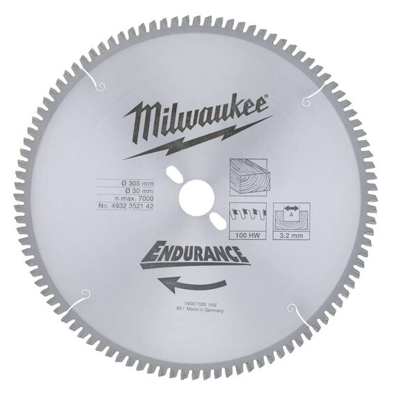 Пильный диск по дереву Milwaukee WCSB 305 x 30 x 3.2 100T для торцовочной пилы - 4932352142, Диаметр диска (мм): 305, Посадочный диаметр (мм): 30, Модель: WCSB 305 x 30 x 3.2 100T, внеший вид