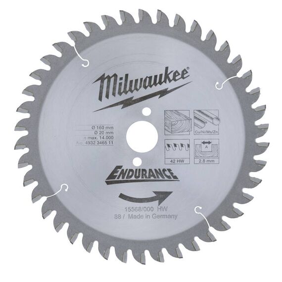 Пильный диск по дереву Milwaukee WNF 160 x 20 x 2.8 42T для циркулярной пилы - 4932346511, Диаметр диска (мм): 160, Посадочный диаметр (мм): 20, Модель: WNF 160 x 20 x 2.8 42T, внеший вид
