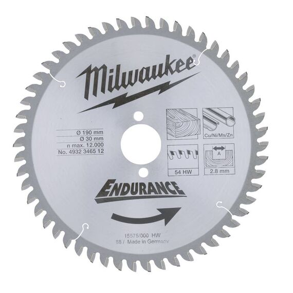 Пильный диск по дереву Milwaukee WNF 190 x 30 x 2.8 54T для циркулярной пилы - 4932346512, Диаметр диска (мм): 190, Посадочный диаметр (мм): 30, Модель: WNF 190 x 30 x 2.8 54T, внеший вид
