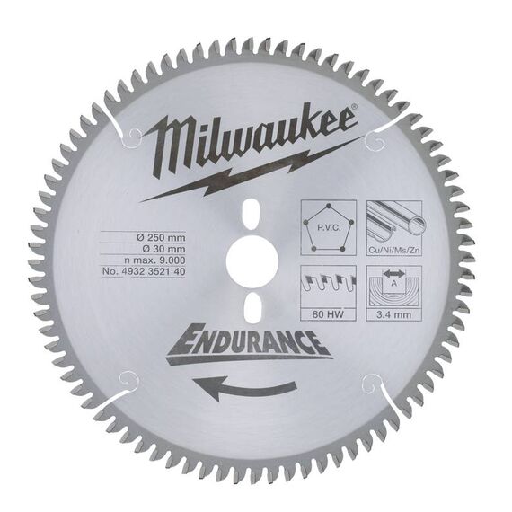 Пильный диск по дереву Milwaukee WNF 250 x 30 x 3.4 80T для торцовочной пилы - 4932352140, Диаметр диска (мм): 250, Посадочный диаметр (мм): 30, Модель: WNF 250 x 30 x 3.4 80T, внеший вид