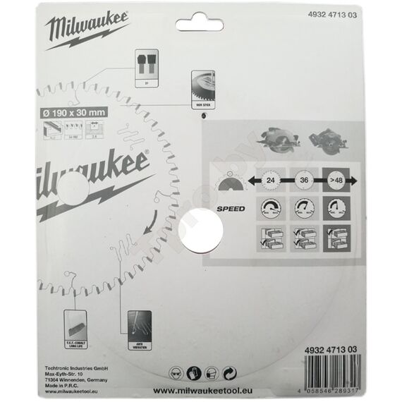 Пильный диск по алюминию Milwaukee P ALU 190 X 30 X 2.4 54TF NEG - 4932471303, Диаметр диска (мм): 190, Посадочный диаметр (мм): 30, Модель: P ALU 190 X 30 X 2.4 54TF NEG, внеший вид, изображение 3