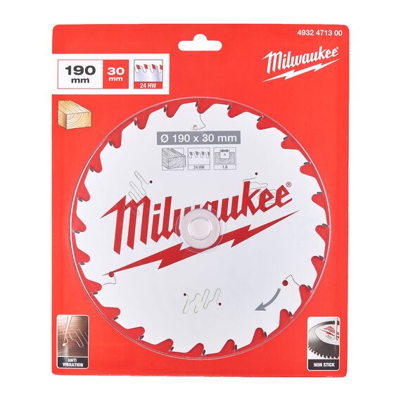 Пильный диск по дереву Milwaukee P W 190 X 30 X 1.6 24 ATB - 4932471300, Диаметр диска (мм): 190, Посадочный диаметр (мм): 30, Модель: P W 190 X 30 X 1.6 24 ATB, внеший вид, изображение 2