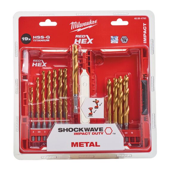 Набор сверл по металлу с шестигранным хвостовиком Milwaukee SHOCKWAVE HSS-G TIN RED HEX SET 2-10 mm 19 PC - 48894760, внеший вид, изображение 3
