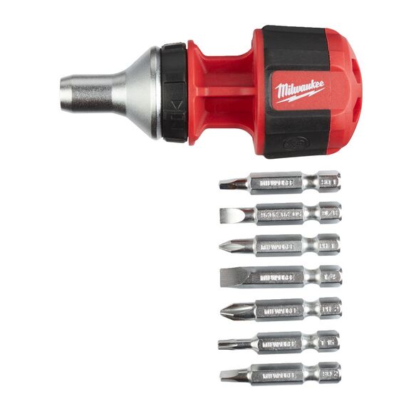 Универсальная короткая отвертка с трещоткой Milwaukee 8 IN 1 COMPACT RATCETING MULTI-BIT SCREWDRIVER - 4932471868, Тип отвертки: Набор, Модель: 8 IN 1 COMPACT RATCETING MULTI-BIT SCREWDRIVER, внеший вид, изображение 2