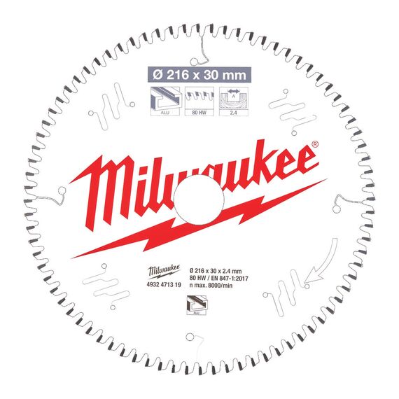 Пильный диск по алюминию Milwaukee CSB MS Alu 216 x 30 x 2.4 x 80TF neg. для торцовочной пилы - 4932471319, Диаметр диска (мм): 216, Посадочный диаметр (мм): 30, Модель: CSB MS Alu 216 x 30 x 2.4 x 80TF neg., внеший вид