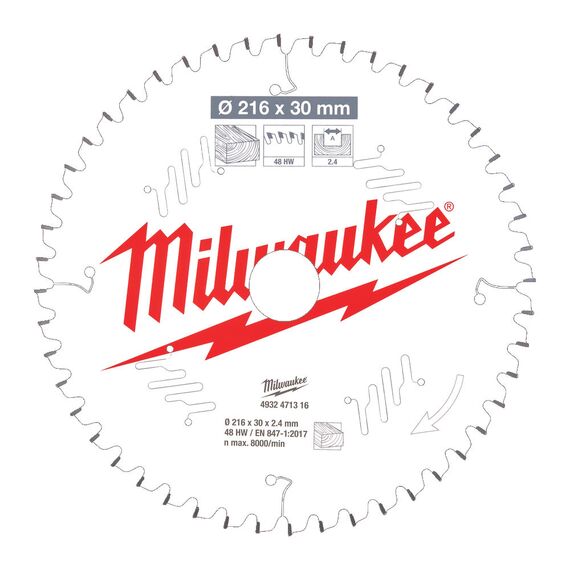 Пильный диск по дереву Milwaukee CSB MS W 216 x 30 x 2.4 x 48ATB neg. для торцовочной пилы - 4932471316, Диаметр диска (мм): 216, Посадочный диаметр (мм): 30, Модель: CSB MS W 216 x 30 x 2.4 x 48ATB neg., внеший вид