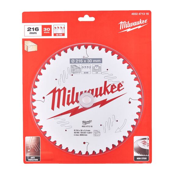 Пильный диск по дереву Milwaukee CSB MS W 216 x 30 x 2.4 x 48ATB neg. для торцовочной пилы - 4932471316, Диаметр диска (мм): 216, Посадочный диаметр (мм): 30, Модель: CSB MS W 216 x 30 x 2.4 x 48ATB neg., внеший вид, изображение 2