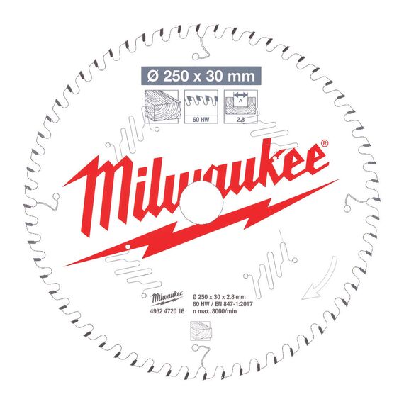 Пильный диск по дереву Milwaukee CSB MS W 250 x 30 x 2.8 x 60ATB для торцовочной пилы - 4932472016, Диаметр диска (мм): 250, Посадочный диаметр (мм): 30, Модель: CSB MS W 250 x 30 x 2.8 x 60ATB, внеший вид