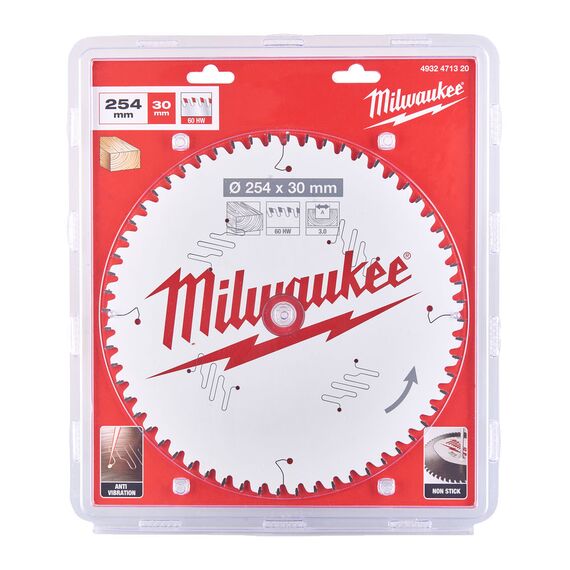 Пильный диск по дереву Milwaukee CSB MS W 254 x 30 x 3.0 x 60ATB neg. для торцовочной пилы - 4932471320, Диаметр диска (мм): 254, Посадочный диаметр (мм): 30, Модель: CSB MS W 254 x 30 x 3.0 x 60ATB neg., внеший вид, изображение 2