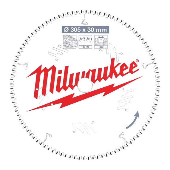 Пильный диск по дереву Milwaukee CSB MS W 305 x 30 x 3.0 x 100ATB neg. для торцовочной пилы - 4932471322, Диаметр диска (мм): 305, Посадочный диаметр (мм): 30, Модель: CSB MS W 305 x 30 x 3.0 x 100ATB neg., внеший вид