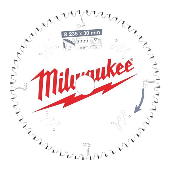 Пильный диск по алюминию Milwaukee CSB P Alu 235 x 30 x 2.4 x 60TF neg. для циркулярной пилы - 4932471309, Диаметр диска (мм): 235, Посадочный диаметр (мм): 30, Модель: CSB P Alu 235 x 30 x 2.4 x 60TF neg., внеший вид