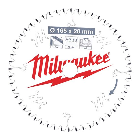 Пильный диск по алюминию Milwaukee CSB P Alu165 x 20 x 2.2 x 52TF neg. для циркулярной пилы - 4932471296, Диаметр диска (мм): 165, Посадочный диаметр (мм): 20, Модель: CSB P Alu165 x 20 x 2.2 x 52TF neg., внеший вид