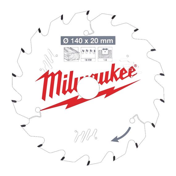 Пильный диск по дереву Milwaukee CSB P W 140 x 20 x 1.6 x 18ATB для циркулярной пилы - 4932471310, Диаметр диска (мм): 140, Посадочный диаметр (мм): 20, Модель: CSB P W 140 x 20 x 1.6 x 18ATB, внеший вид