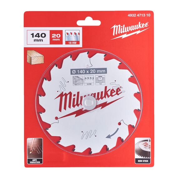 Пильный диск по дереву Milwaukee CSB P W 140 x 20 x 1.6 x 18ATB для циркулярной пилы - 4932471310, Диаметр диска (мм): 140, Посадочный диаметр (мм): 20, Модель: CSB P W 140 x 20 x 1.6 x 18ATB, внеший вид, изображение 2