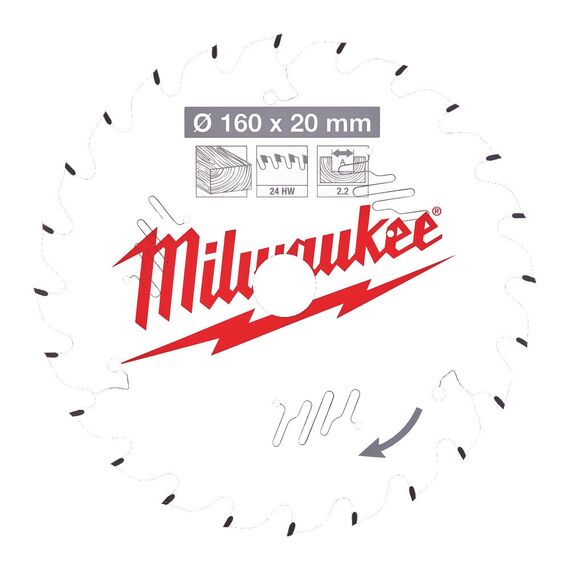 Пильный диск по дереву Milwaukee CSB P W 160 x 20 x 2.2 x 24ATB для циркулярной пилы - 4932471290, Диаметр диска (мм): 160, Посадочный диаметр (мм): 20, Модель: CSB P W 160 x 20 x 2.2 x 24ATB, внеший вид