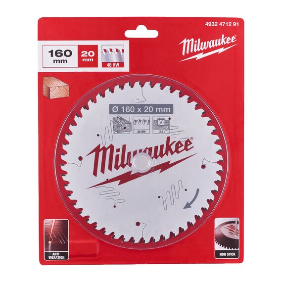 Пильный диск по дереву Milwaukee CSB P W 160 x 20 x 2.2 x 48ATB для циркулярной пилы - 4932471291, Диаметр диска (мм): 160, Посадочный диаметр (мм): 20, Модель: CSB P W 160 x 20 x 2.2 x 48ATB, внеший вид, изображение 2