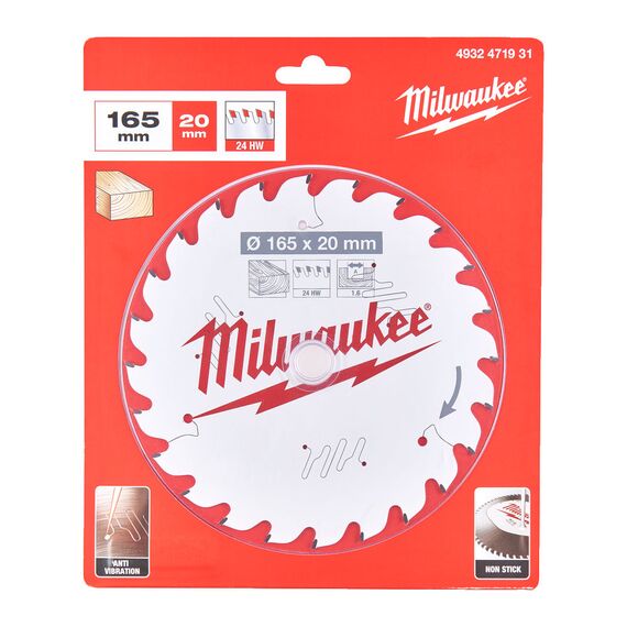 Пильный диск по дереву Milwaukee CSB P W 165 x 20 x 1.6 x 24ATB для циркулярной пилы - 4932471931, Диаметр диска (мм): 165, Посадочный диаметр (мм): 20, Модель: CSB P W 165 x 20 x 1.6 x 24ATB, внеший вид, изображение 2