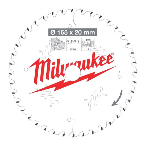 Пильный диск по дереву Milwaukee CSB P W 165 x 20 x 1.6 x 40ATB для циркулярной пилы - 4932471932, Диаметр диска (мм): 165, Посадочный диаметр (мм): 20, Модель: CSB P W 165 x 20 x 1.6 x 40ATB, внеший вид