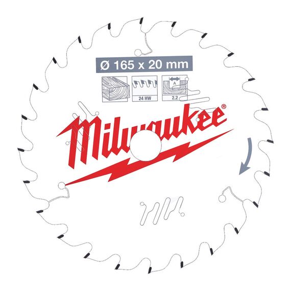 Пильный диск по дереву Milwaukee CSB P W 165 x 20 x 2.2 x 24ATB для циркулярной пилы - 4932471294, Диаметр диска (мм): 165, Посадочный диаметр (мм): 20, Модель: CSB P W 165 x 20 x 2.2 x 24ATB, внеший вид