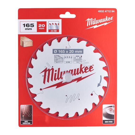 Пильный диск по дереву Milwaukee CSB P W 165 x 20 x 2.2 x 24ATB для циркулярной пилы - 4932471294, Диаметр диска (мм): 165, Посадочный диаметр (мм): 20, Модель: CSB P W 165 x 20 x 2.2 x 24ATB, внеший вид, изображение 2
