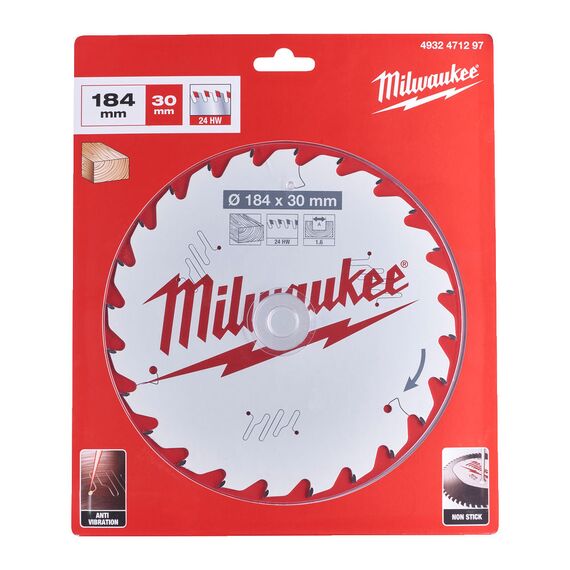 Пильный диск по дереву Milwaukee CSB P W 184 x 30 x 1.6 x 24ATB для циркулярной пилы - 4932471297, Диаметр диска (мм): 184, Посадочный диаметр (мм): 30, Модель: CSB P W 184 x 30 x 1.6 x 24ATB, внеший вид, изображение 2